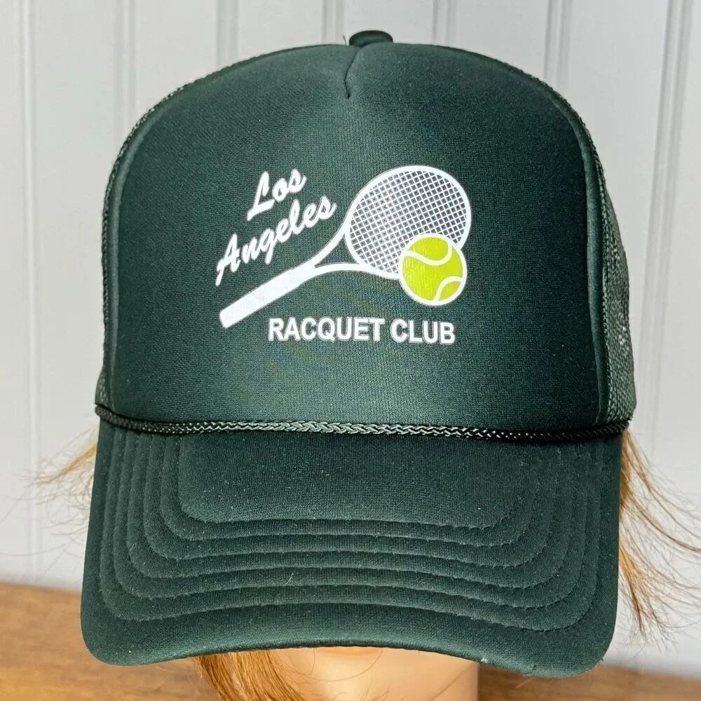 RARE Vintage Los Angeles Racquet Club Baseball Trucker Hat Green Mesh Soft Band